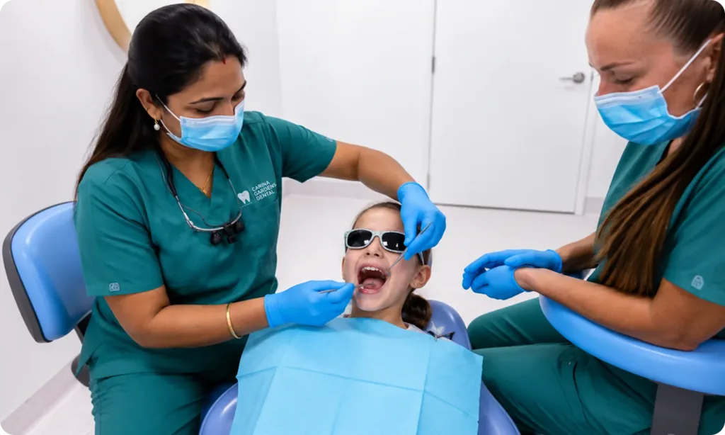Dentist and dental assistant caring for a smiling child in the dental chair at Carina Gardens Dental, Carina Brisbane