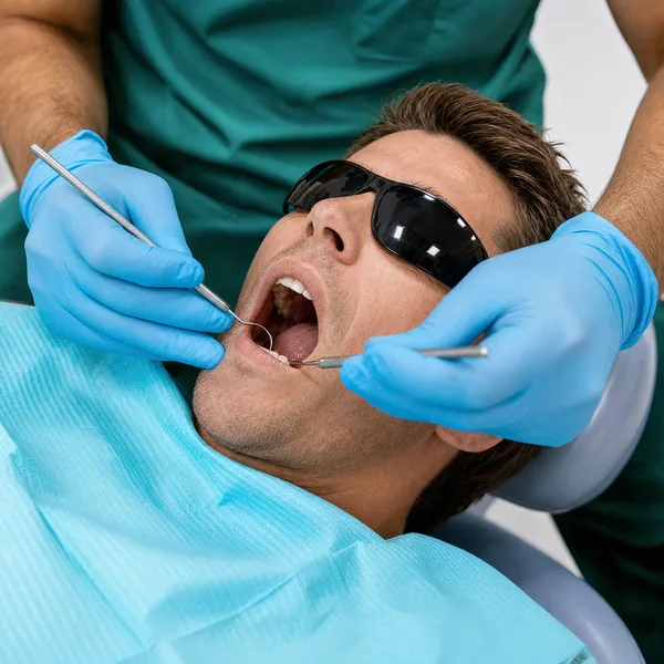 Dentist examining a patient's teeth with a dental mirror and probe during a dental check-up at Carina Gardens Dental, Carina Brisbane