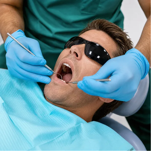 Dentist examining a patient's gums with a dental mirror and probe at Carina Gardens Dental, Carina Brisbane